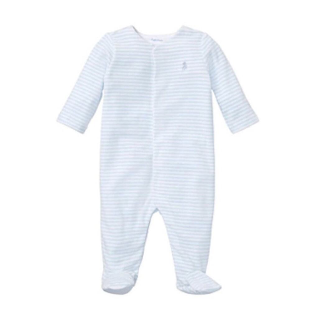 Ralph Lauren Blue Stripe Terry Cloth Velour Logo Baby Sleepsuit Footie 6 Mths